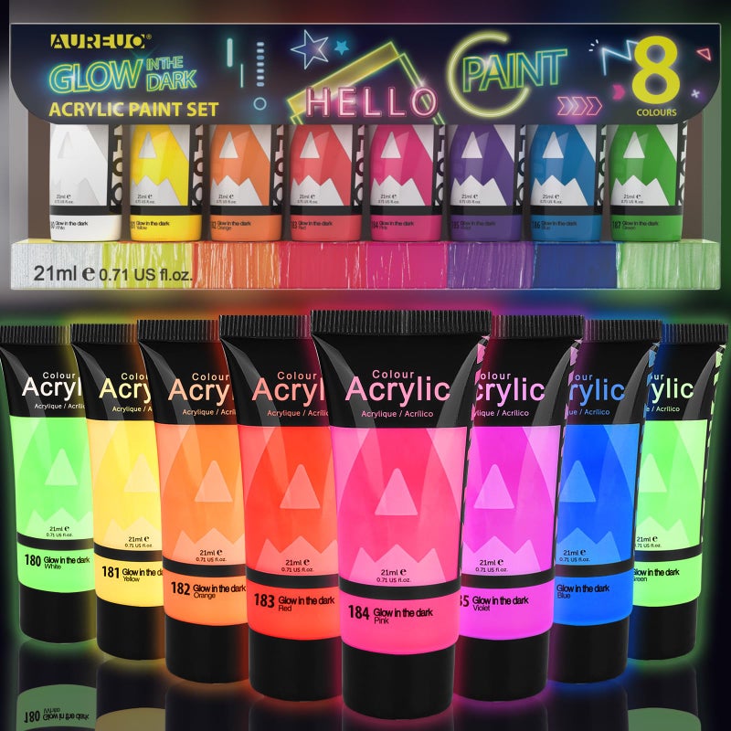 AUREUO Glow in the Dark Acrylic Paint 8 Colors x 071 Fl Oz 21ml Neon UV Black Light Paints for Rocks Wood Craft Canvas Paint Party Supplies