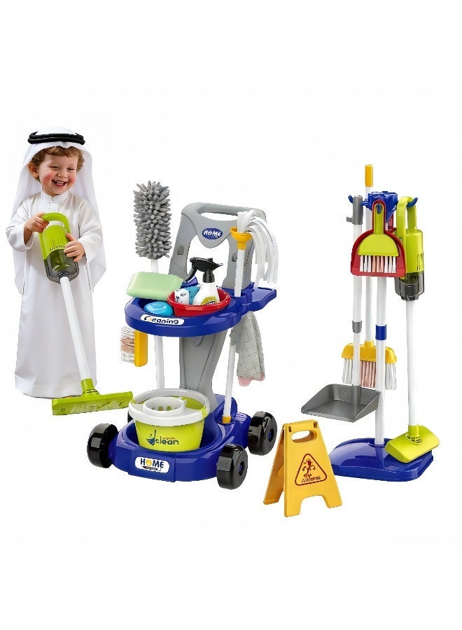 LBMT مجموعة ألعاب تظاهرية لتنظيف الأطفال، 29 قطعة من مجموعات مستلزمات التدبير المنزلي للأطفال الصغار مع مكنسة كهربائية حقيقية،عربات تنظيف،بروو، زجاجة رذاذ، وعاء غبار، ألعاب تعليمية للعب الأدوار للأطفال الأولاد والبنات (أزرق) - Image 1