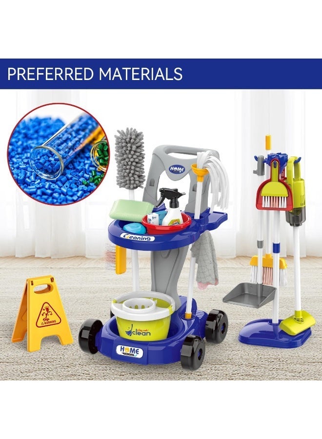 LBMT مجموعة ألعاب تظاهرية لتنظيف الأطفال، 29 قطعة من مجموعات مستلزمات التدبير المنزلي للأطفال الصغار مع مكنسة كهربائية حقيقية،عربات تنظيف،بروو، زجاجة رذاذ، وعاء غبار، ألعاب تعليمية للعب الأدوار للأطفال الأولاد والبنات (أزرق) - Image 3