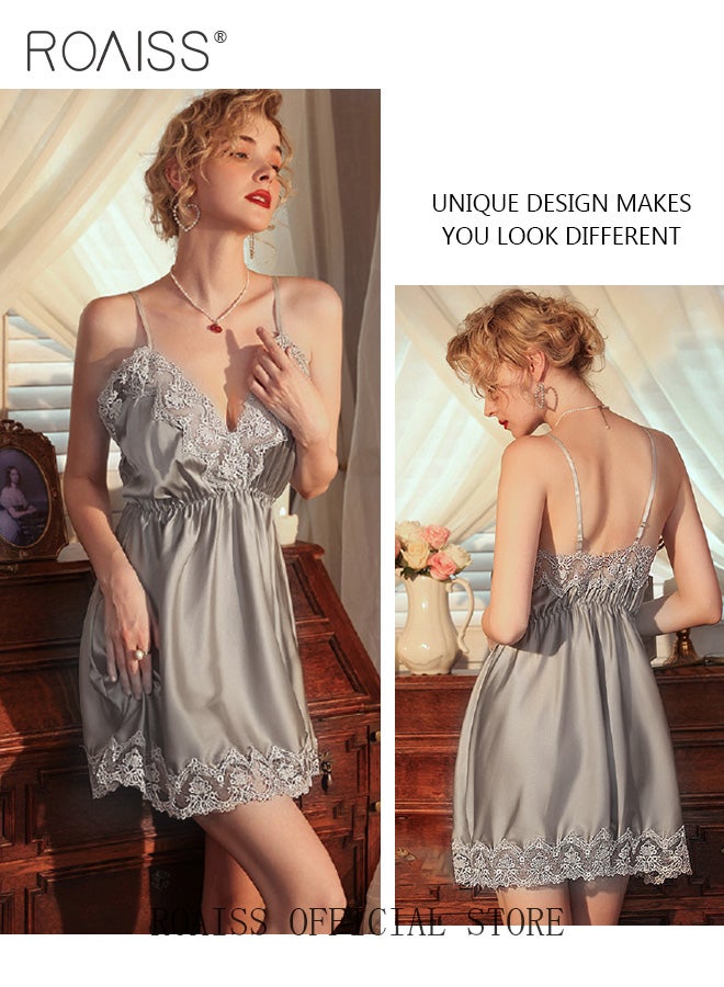 roaiss 2-Piece Set of Women Pajamas with V-Neck Design Women Home Wear Set Same Color Outer Robe and Lace Element Nightgown  - Image 4