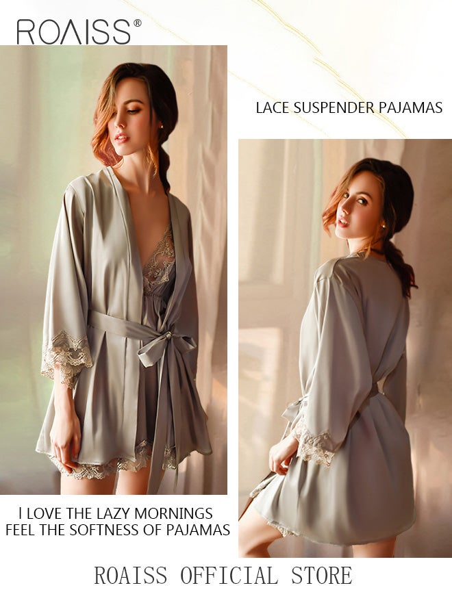 roaiss 2-Piece Set of Women Pajamas with V-Neck Design Women Home Wear Set Same Color Outer Robe and Lace Element Nightgown  - Image 3