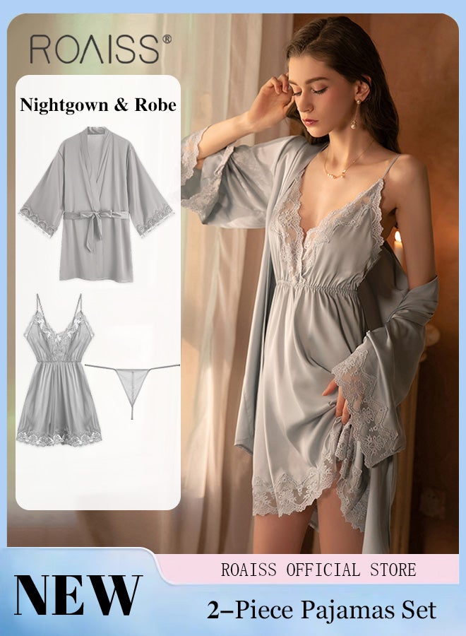roaiss 2-Piece Set of Women Pajamas with V-Neck Design Women Home Wear Set Same Color Outer Robe and Lace Element Nightgown  - Image 2