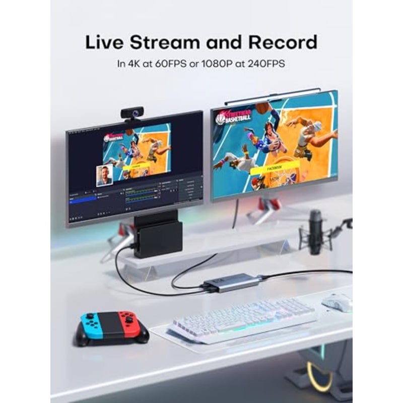 بطاقة التقاط فيديو للألعاب والبث، هيكل من سبائك الألومنيوم، لون أسود، 4K 60FPS/1080P 240FPS مع حلقة HDMI عبر USB 3.0 - Image 4