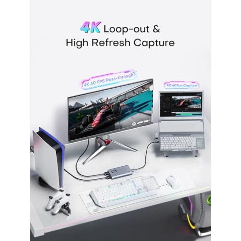 بطاقة التقاط فيديو للألعاب والبث، هيكل من سبائك الألومنيوم، لون أسود، 4K 60FPS/1080P 240FPS مع حلقة HDMI عبر USB 3.0 - Image 2