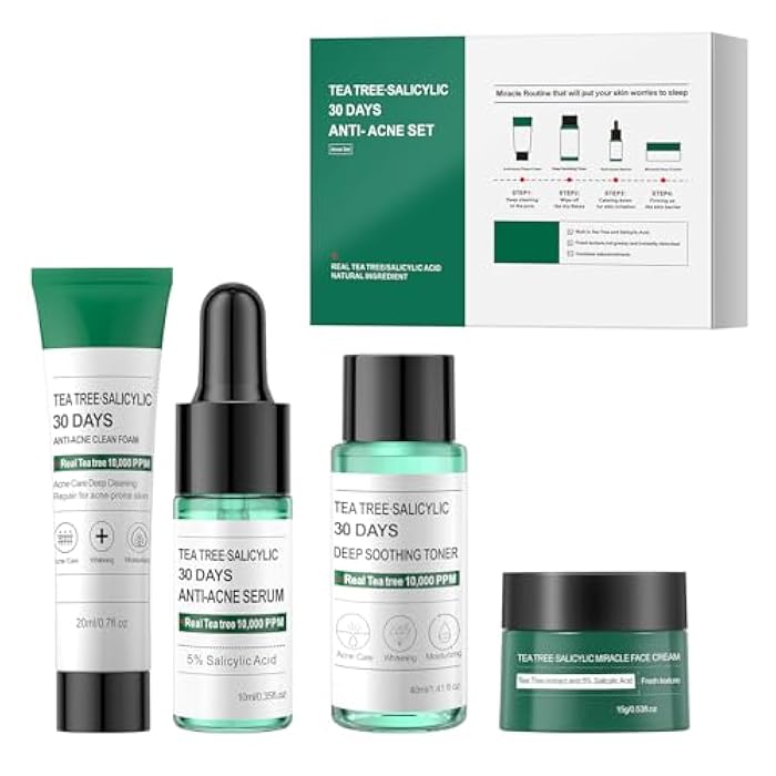 YAFUSIPE Christmas Gifts Tea Tree Salicylic Acid Facial Skin Care Set, Travel Size Set Cystic Hormonal Acne Treatment Face Wash Cleanser, Facial Toner Cream Moisturizer Travel Essentials for Pimple - Image 5