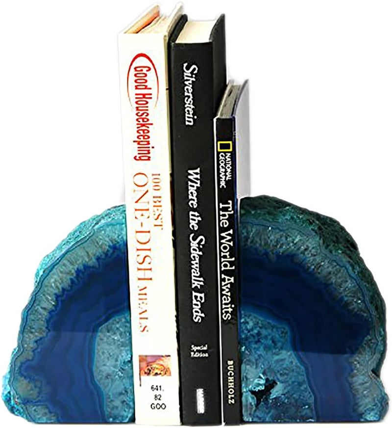 AMOYSTONE Bookends Agate Decorative Book Ends for Shelves Heavy Duty Crystal Quartz Bookends Dyed Teal with Rubber Bumpers(1 Pair, 3-4 LBS) - Image 4
