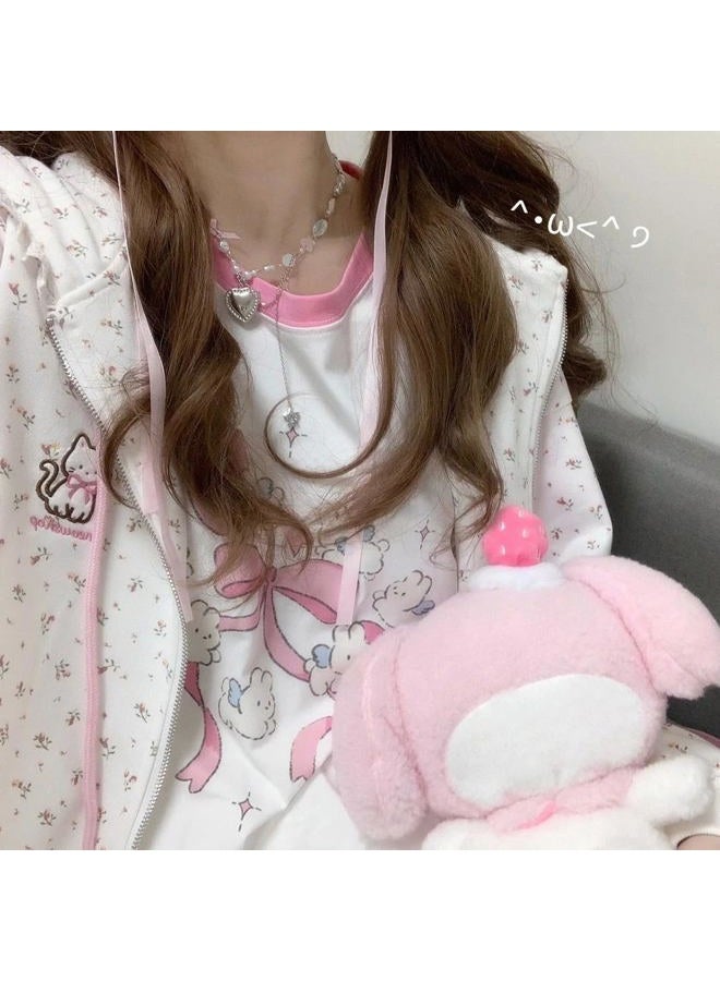 OATSBAS Women's Y2K Cute Floral Hoodies Kawaii Zip Up Hoodies Cartoon Cat Embroidery Oversized Pullover Sweatshirt (white,Small) - Image 5