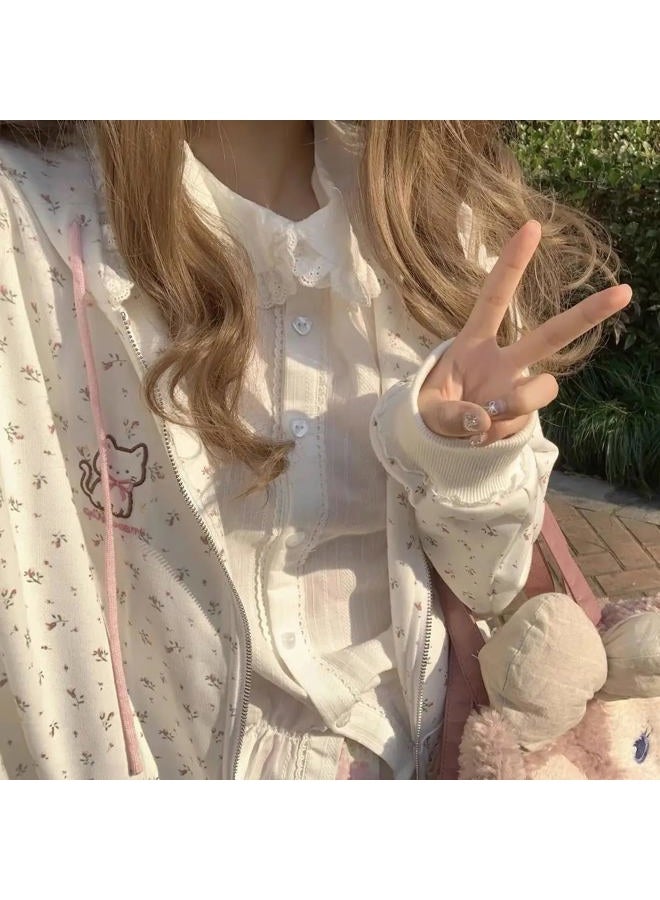 OATSBAS Women's Y2K Cute Floral Hoodies Kawaii Zip Up Hoodies Cartoon Cat Embroidery Oversized Pullover Sweatshirt (white,Small) - Image 3