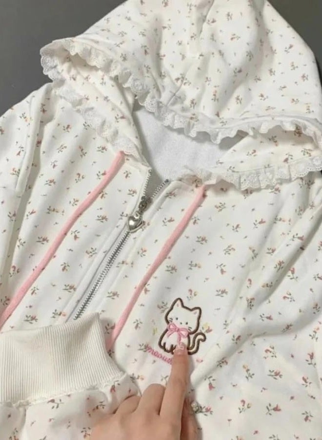 OATSBAS Women's Y2K Cute Floral Hoodies Kawaii Zip Up Hoodies Cartoon Cat Embroidery Oversized Pullover Sweatshirt (white,Small) - Image 2