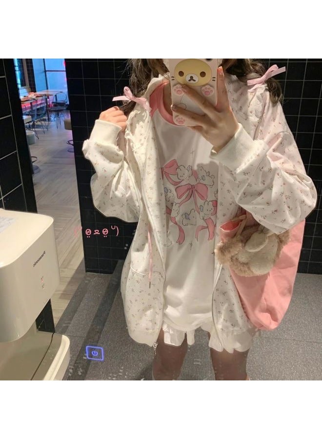 OATSBAS Women's Y2K Cute Floral Hoodies Kawaii Zip Up Hoodies Cartoon Cat Embroidery Oversized Pullover Sweatshirt (white,Small) - Image 4