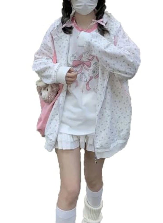 OATSBAS Women's Y2K Cute Floral Hoodies Kawaii Zip Up Hoodies Cartoon Cat Embroidery Oversized Pullover Sweatshirt (white,Small) - Image 1