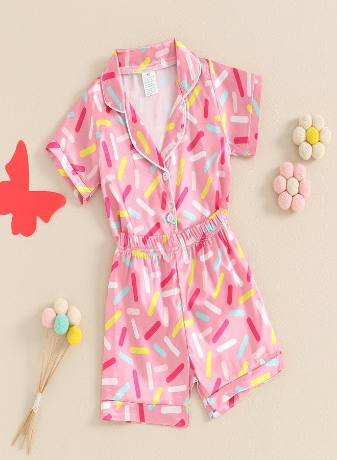 SAYOO Toddler Baby Kids Satin Summer Pajamas Set Short Sleeve Button-Down Pajamas Top Pants 2Pcs Loungwear Sleepwear Pjs (Pink, 1-2 Years) - Image 2