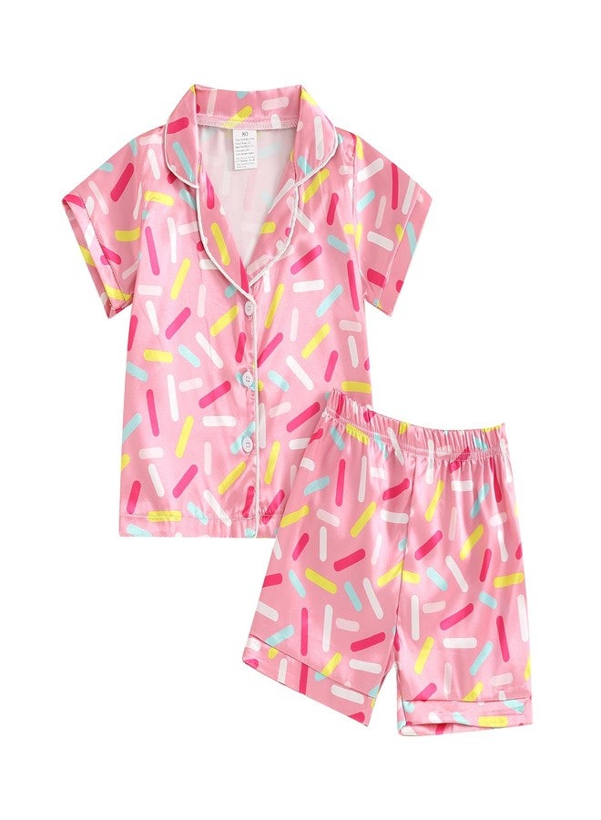 SAYOO Toddler Baby Kids Satin Summer Pajamas Set Short Sleeve Button-Down Pajamas Top Pants 2Pcs Loungwear Sleepwear Pjs (Pink, 1-2 Years) - Image 1
