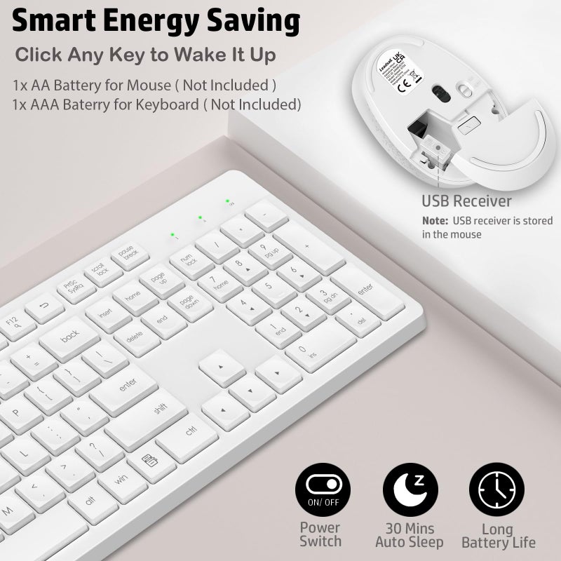 LeadsaiL White Wireless Keyboard and Mouse Combo, Full-Sized Ergonomic Computer Keyboard, 2.4GHz USB Cordless Keyboard Silent Mouse Set, 12 FN Shortcuts for Windows MacOS Laptop Computer - Image 5