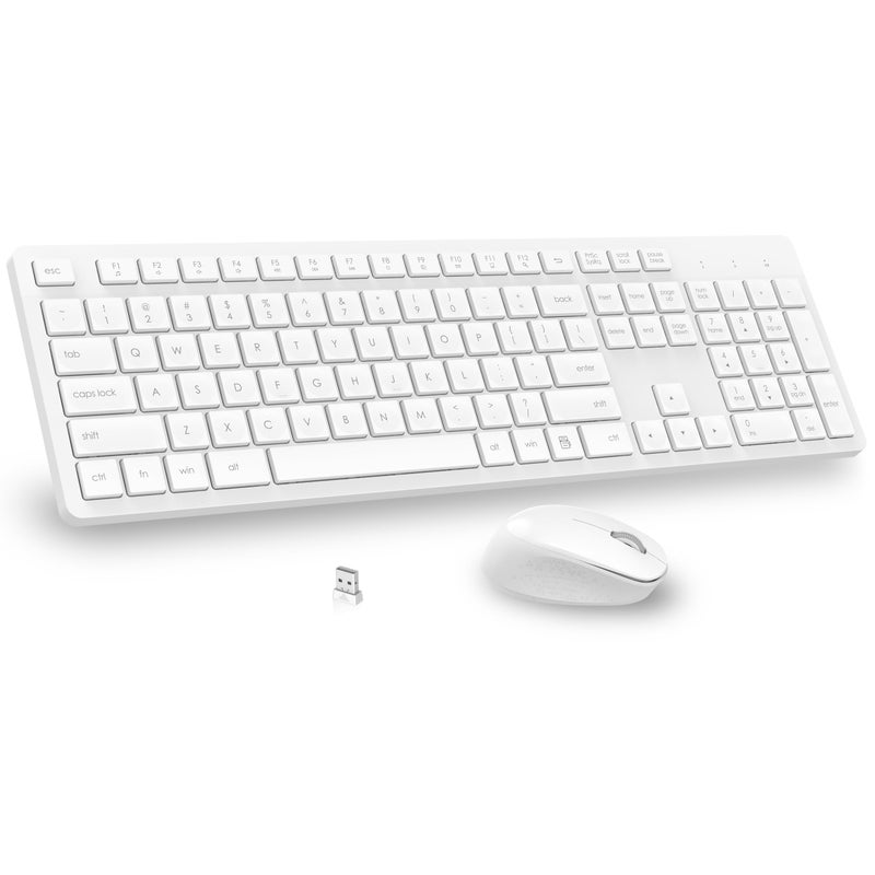 LeadsaiL White Wireless Keyboard and Mouse Combo, Full-Sized Ergonomic Computer Keyboard, 2.4GHz USB Cordless Keyboard Silent Mouse Set, 12 FN Shortcuts for Windows MacOS Laptop Computer - Image 1