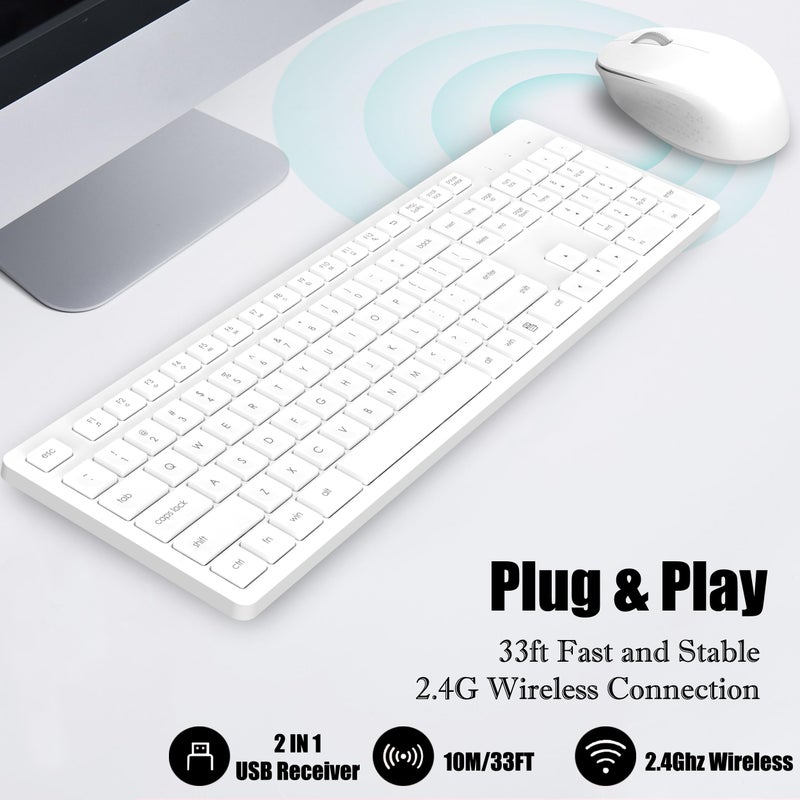 LeadsaiL White Wireless Keyboard and Mouse Combo, Full-Sized Ergonomic Computer Keyboard, 2.4GHz USB Cordless Keyboard Silent Mouse Set, 12 FN Shortcuts for Windows MacOS Laptop Computer - Image 3