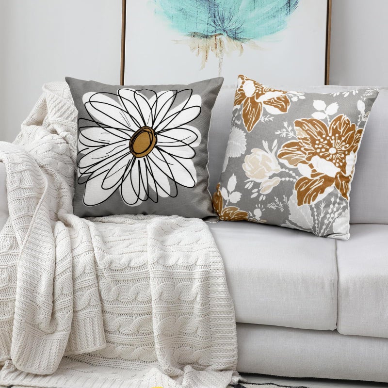Baidast Brown Decorative Throw Pillow Covers 18x18 Set of 4, Brown and Grey Modern Daisy Floral Pillows Linen Pillow Covers for Couch Sofa Living Room - Image 5