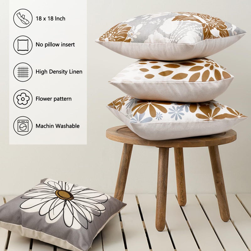 Baidast Brown Decorative Throw Pillow Covers 18x18 Set of 4, Brown and Grey Modern Daisy Floral Pillows Linen Pillow Covers for Couch Sofa Living Room - Image 3