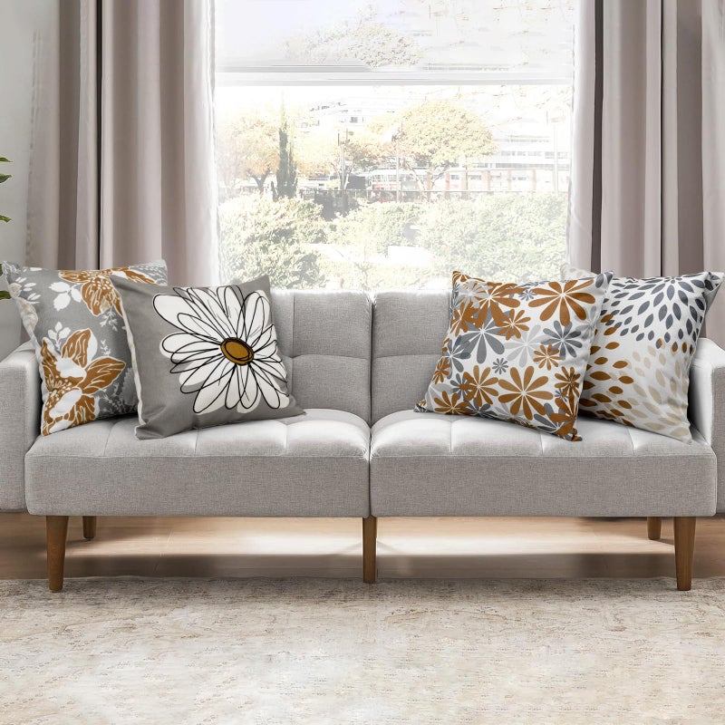 Baidast Brown Decorative Throw Pillow Covers 18x18 Set of 4, Brown and Grey Modern Daisy Floral Pillows Linen Pillow Covers for Couch Sofa Living Room - Image 2