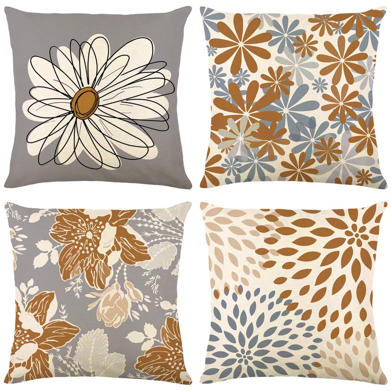 Baidast Brown Decorative Throw Pillow Covers 18x18 Set of 4, Brown and Grey Modern Daisy Floral Pillows Linen Pillow Covers for Couch Sofa Living Room - Image 1