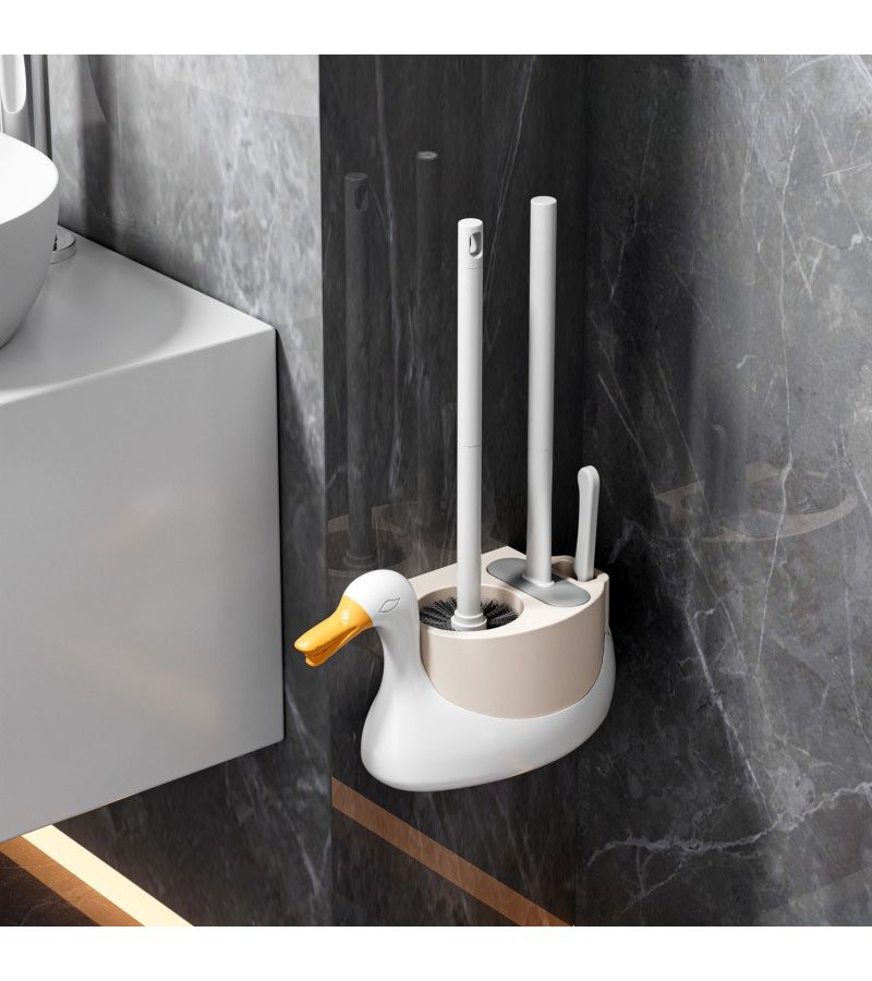 Beige Wall Mounted Three In One Toilet Brush Set For Bathroom Corner Cleaning - Image 2