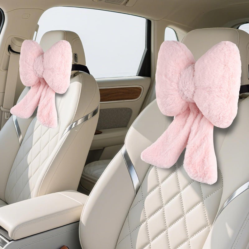 iHUFeather 2 Pack Bow Car Headrest Pillows Plush Neck Pillows for Travel Driving Office Chair Head Support Cushions Also Cute Car Decor Accessories for Women Pink - Image 2