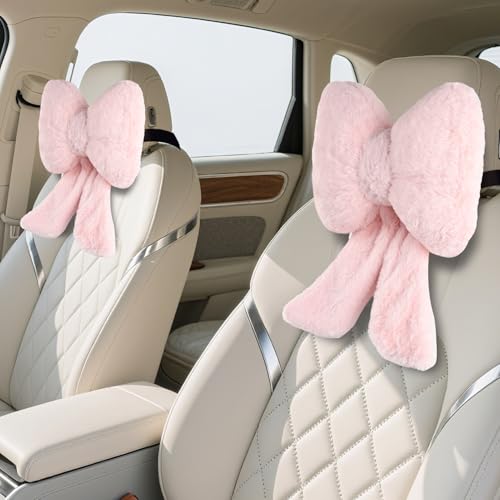 iHUFeather 2 Pack Bow Car Headrest Pillows Plush Neck Pillows for Travel Driving Office Chair Head Support Cushions Also Cute Car Decor Accessories for Women Pink - Image 1