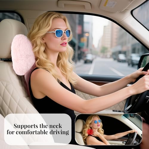 iHUFeather 2 Pack Bow Car Headrest Pillows Plush Neck Pillows for Travel Driving Office Chair Head Support Cushions Also Cute Car Decor Accessories for Women Pink - Image 3