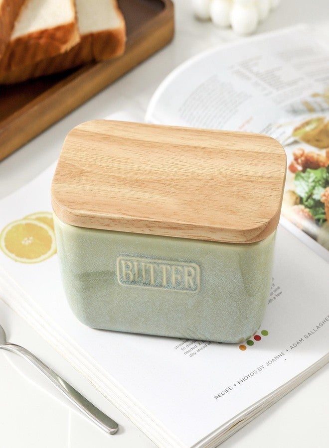 HVH Ceramic Butter Dish with Lid for Countertop, Airtight Butter Keeper with Wooden Lid, Butter Keeper Container with Cover, Butter Holder for East West Coast Butter (Turquoise, 6 x 3.5 x 2.7) - Image 2