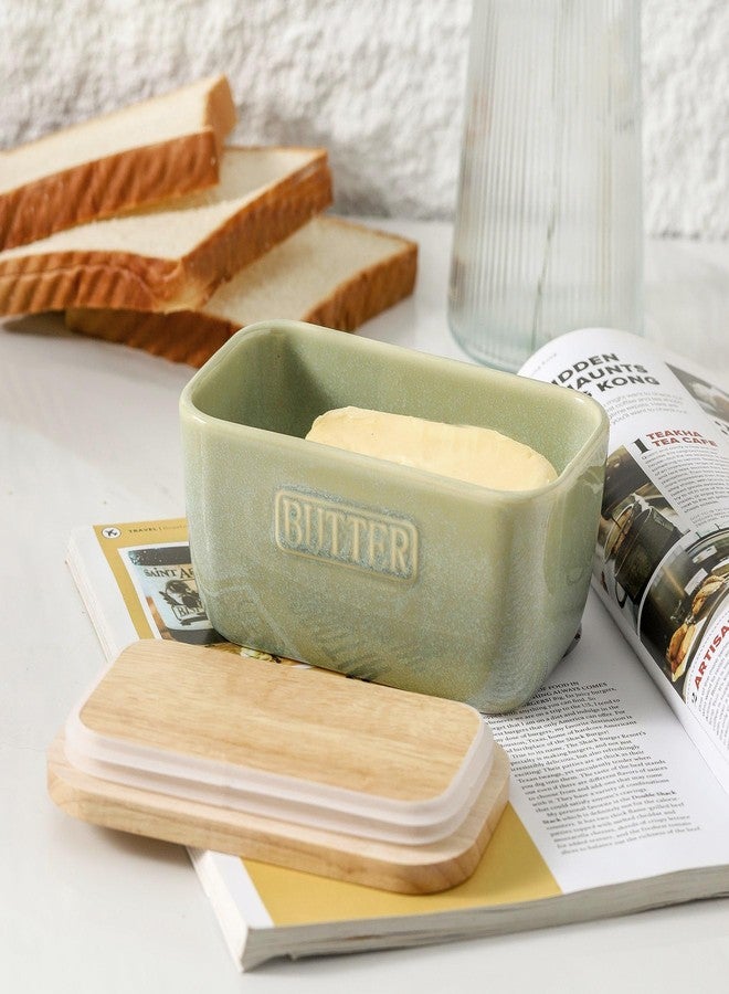 HVH Ceramic Butter Dish with Lid for Countertop, Airtight Butter Keeper with Wooden Lid, Butter Keeper Container with Cover, Butter Holder for East West Coast Butter (Turquoise, 6 x 3.5 x 2.7) - Image 3