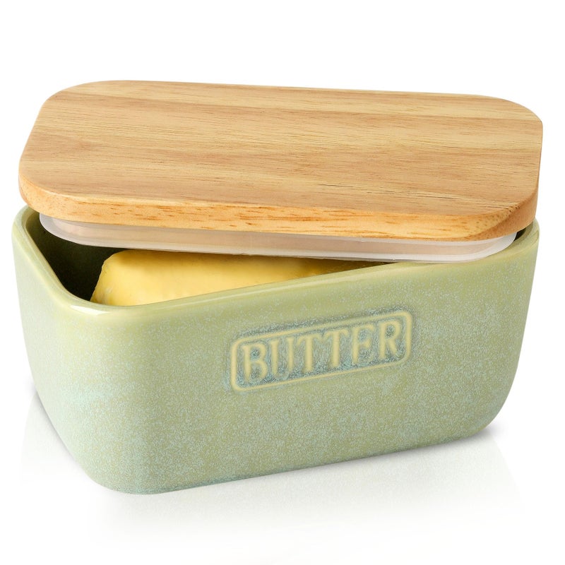 HVH Ceramic Butter Dish with Lid for Countertop, Airtight Butter Keeper with Wooden Lid, Butter Keeper Container with Cover, Butter Holder for East West Coast Butter (Turquoise, 6 x 3.5 x 2.7) - Image 1