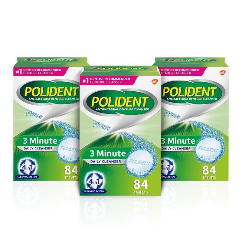 Polident 3 Minute Denture Cleanser Tablets - Cleans Removable Oral Appliances, Clear Retainers, and Mouth Guards - 84 Count (Pack of 3) - Image 1