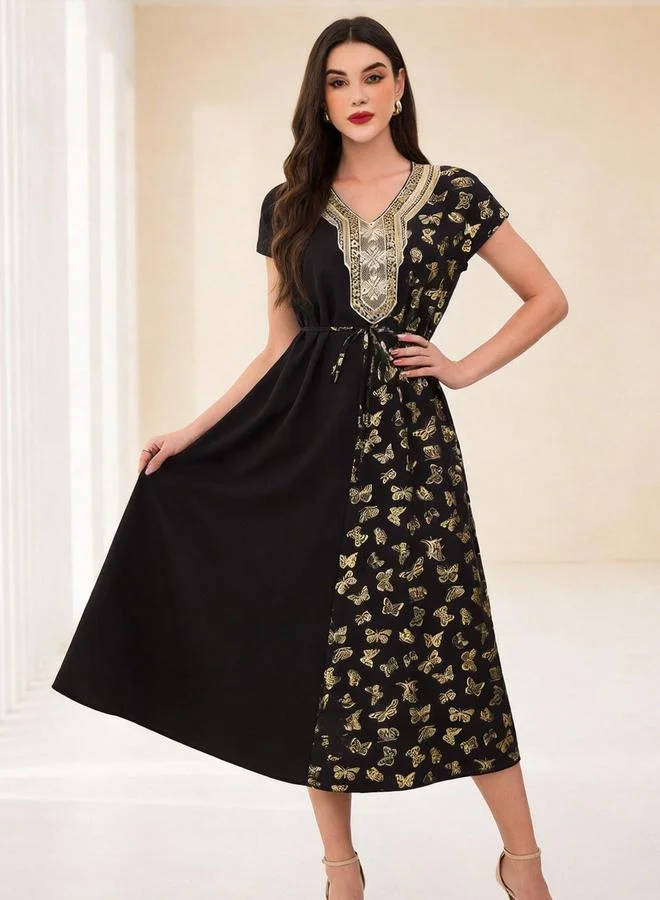 تايك تو Black Foil Butterfly Print A-Line Midi Dress