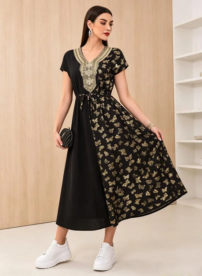 تايك تو Black Foil Butterfly Print A-Line Midi Dress