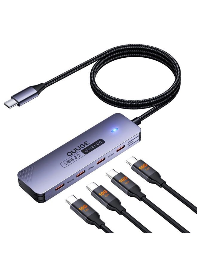 QUUGE USB C Hub 10 Gbps Data Hub with 4 x USB-C 3.2 Gen 2, QUUGE 4-Port Aluminium Multiport Adapter with 1 m Nylon Cable & LED, Plug & Play Adapter for MacBook Air M4, ThinkPad X1, XPS 13, iPhone 15, Galaxy - Image 1