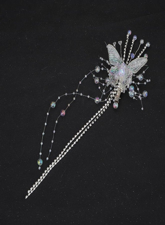 Jumwrit Colorful Butterfly Hair Clip Rhinestone Tennis Chain Long Tassel Hair Barrette Boho Silver Beaded Hairpin Shiny Crystal Fairy Hair Clip Fashion Hair Styling Accessories for Women Girls - Image 5