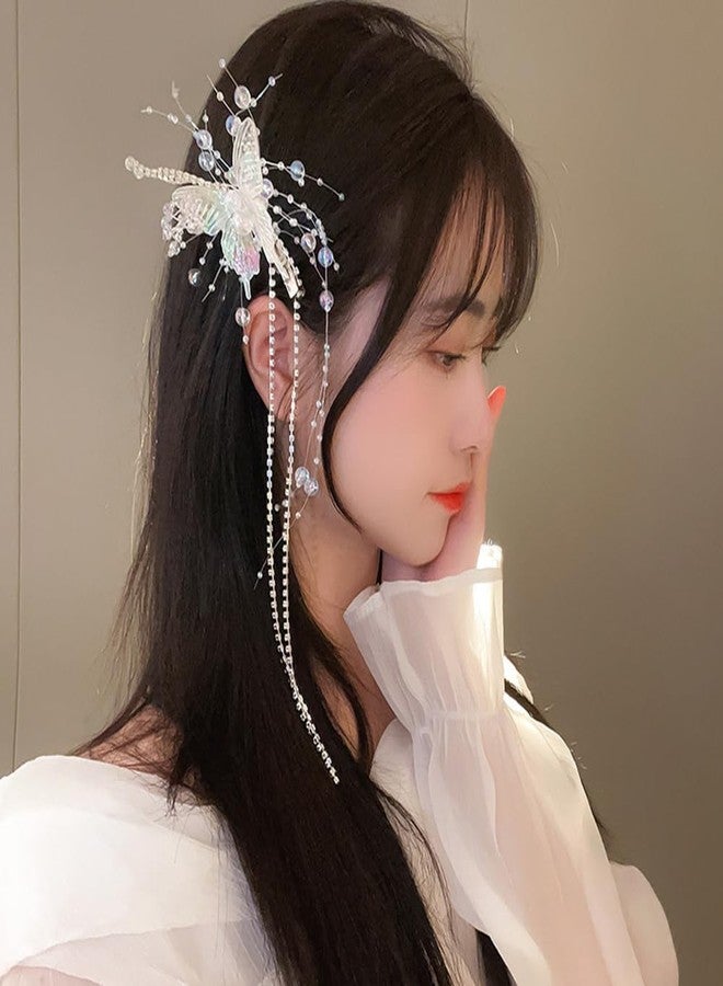 Jumwrit Colorful Butterfly Hair Clip Rhinestone Tennis Chain Long Tassel Hair Barrette Boho Silver Beaded Hairpin Shiny Crystal Fairy Hair Clip Fashion Hair Styling Accessories for Women Girls - Image 2