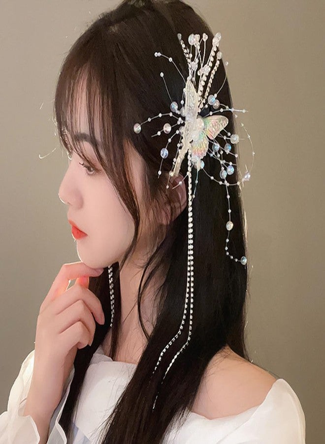 Jumwrit Colorful Butterfly Hair Clip Rhinestone Tennis Chain Long Tassel Hair Barrette Boho Silver Beaded Hairpin Shiny Crystal Fairy Hair Clip Fashion Hair Styling Accessories for Women Girls - Image 1
