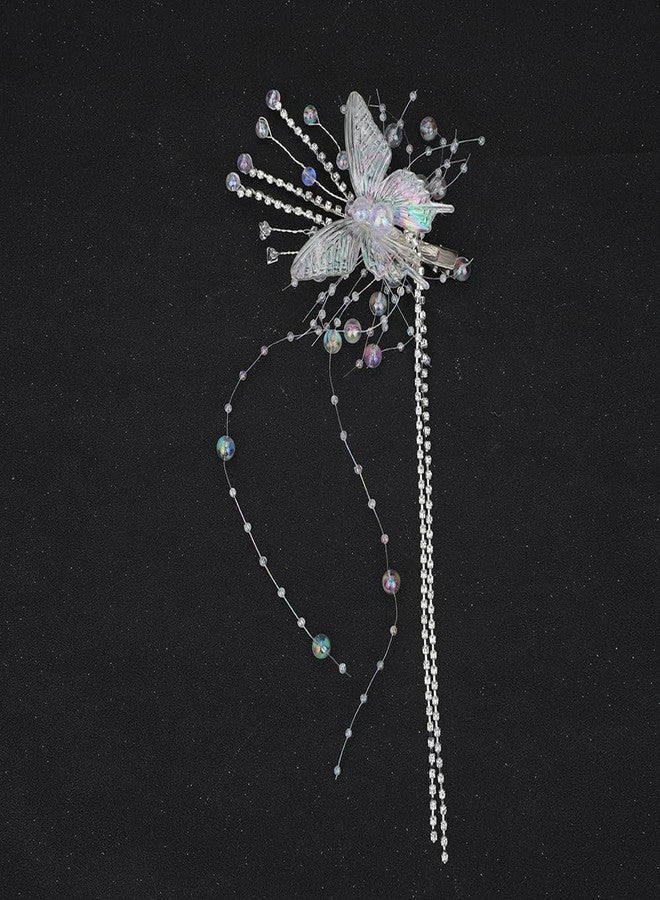 Jumwrit Colorful Butterfly Hair Clip Rhinestone Tennis Chain Long Tassel Hair Barrette Boho Silver Beaded Hairpin Shiny Crystal Fairy Hair Clip Fashion Hair Styling Accessories for Women Girls - Image 4