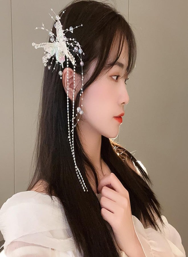 Jumwrit Colorful Butterfly Hair Clip Rhinestone Tennis Chain Long Tassel Hair Barrette Boho Silver Beaded Hairpin Shiny Crystal Fairy Hair Clip Fashion Hair Styling Accessories for Women Girls - Image 3