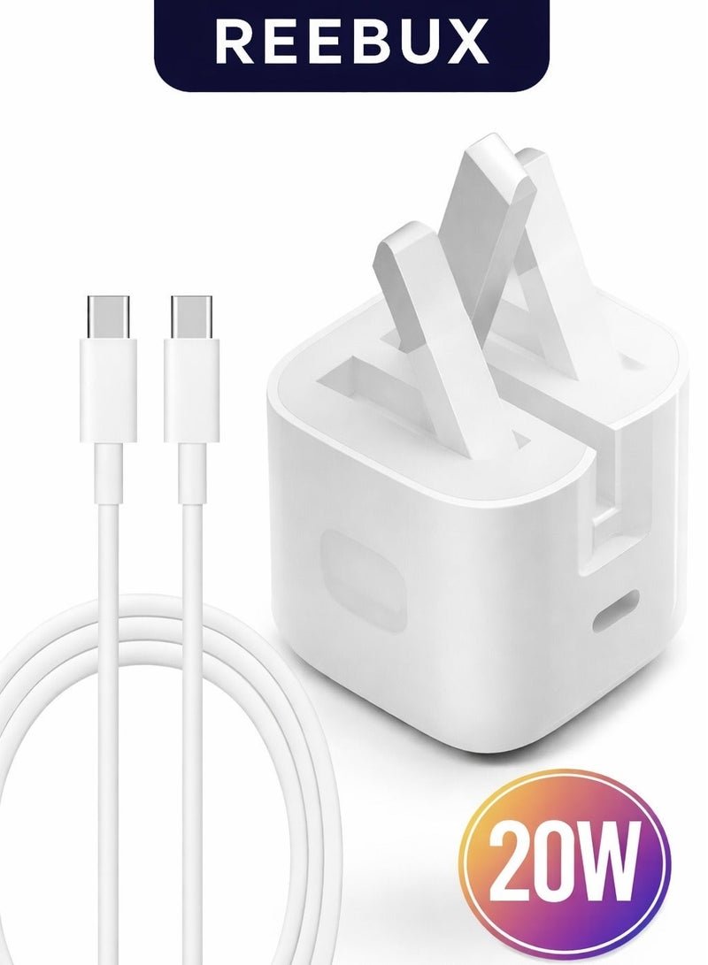 Reebux 20W Type C PD Fast Charger with Type C Cable Wall Power Compatible with all phones (White) - Image 1