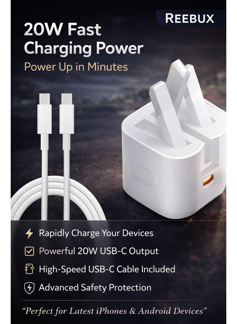Reebux 20W Type C PD Fast Charger with Type C Cable Wall Power Compatible with all phones (White) - Image 2