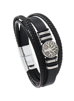 MARIO DRAFTS Men's Braided Leather Bracelet with Tree of Life Charm, Black and Silver, Magnetic Clasp  - Image 1