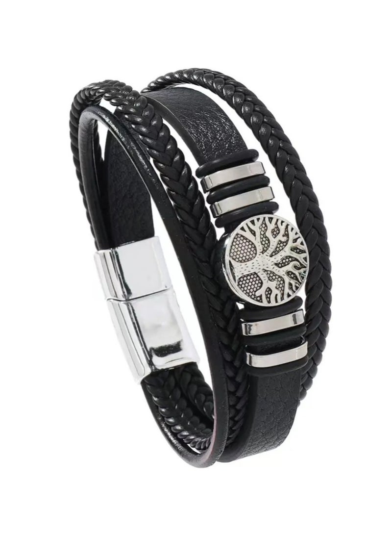 MARIO DRAFTS Men's Braided Leather Bracelet with Tree of Life Charm, Black and Silver, Magnetic Clasp - Image 1