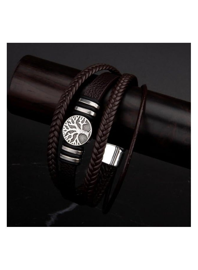 MARIO DRAFTS Men's Braided Leather Bracelet with Tree of Life Charm, Black and Silver, Magnetic Clasp - Image 2