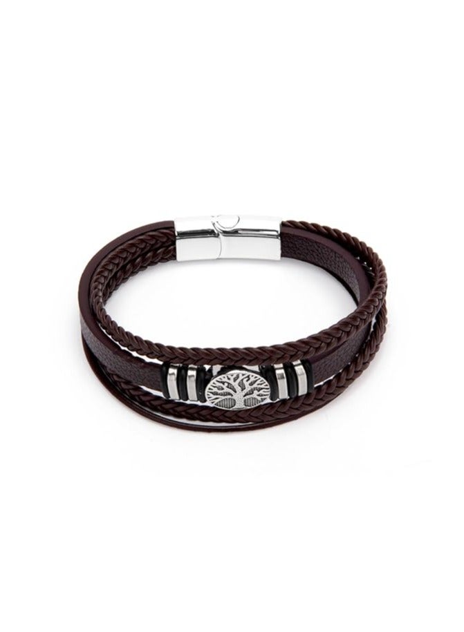 MARIO DRAFTS Men's Braided Leather Bracelet with Tree of Life Charm, Black and Silver, Magnetic Clasp - Image 3