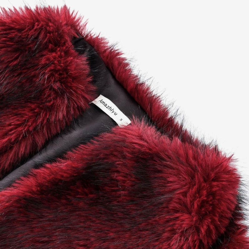 Amazhiyu Women's Faux Fur Long Sleeve Open-front Winter Cropped Coat with Pockets Red, Medium - Image 4