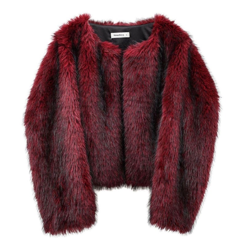 Amazhiyu Women's Faux Fur Long Sleeve Open-front Winter Cropped Coat with Pockets Red, Medium - Image 1