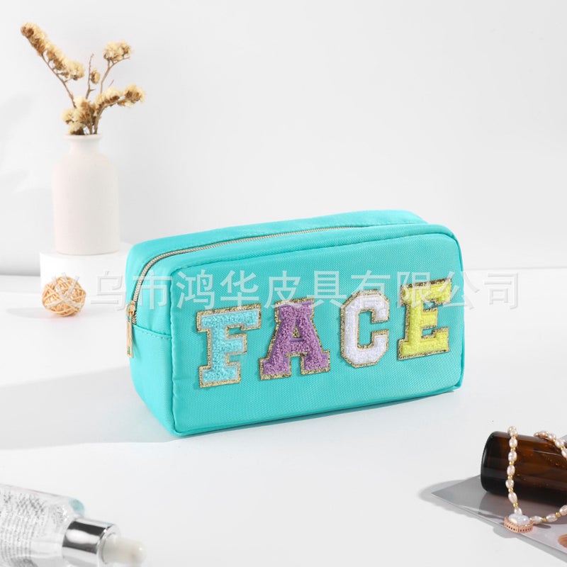Factory Direct Supply Fashion Solid Color Towel Embroidered Nylon Letter Cosmetic Bag Womens Casual Waterproof Large Capacity Storage BagSky Blue (FACE) Sky Blue (FACE)