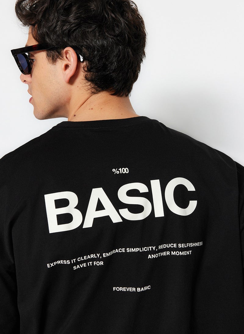 trendyol Text Printed Black Oversize Cotton T-Shirt - TMNSS23TS00263 - Image 3